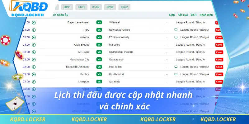 Lịch thi đấu được cập nhật nhanh và chính xác